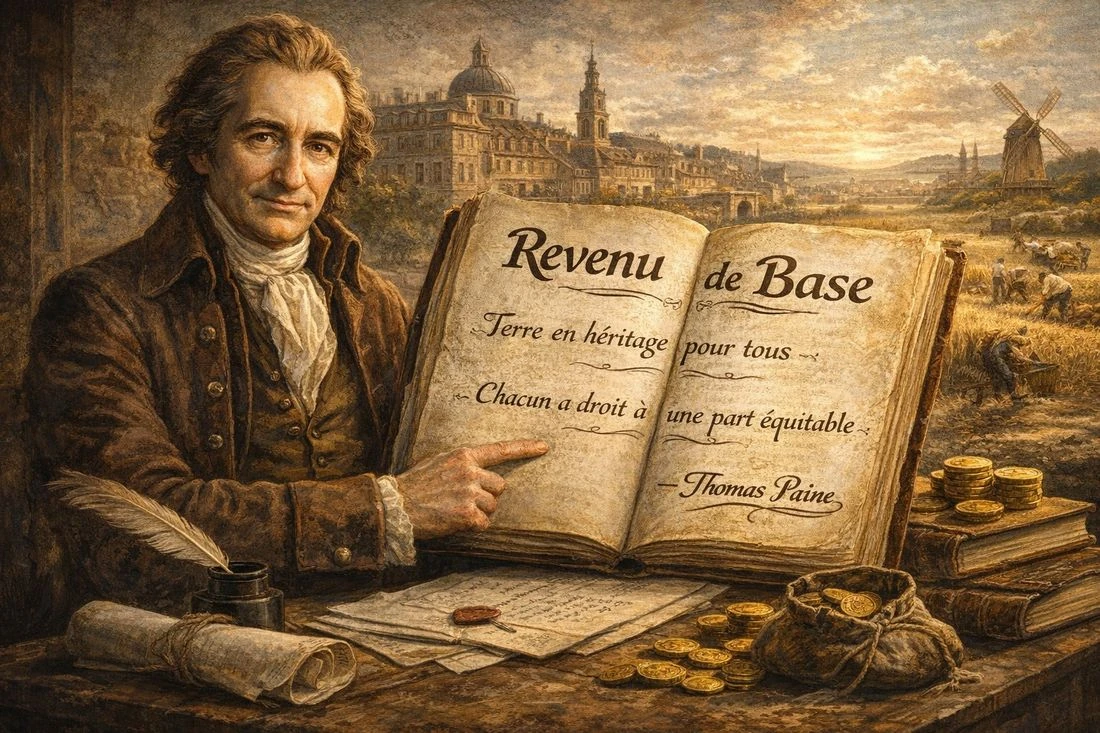 Représentation de Thomas Paine montrant un grand livre ouvert où sont inscrits «Revenu de Base», «Terre en héritage pour tous», «Chacun a droit à une part équitable»